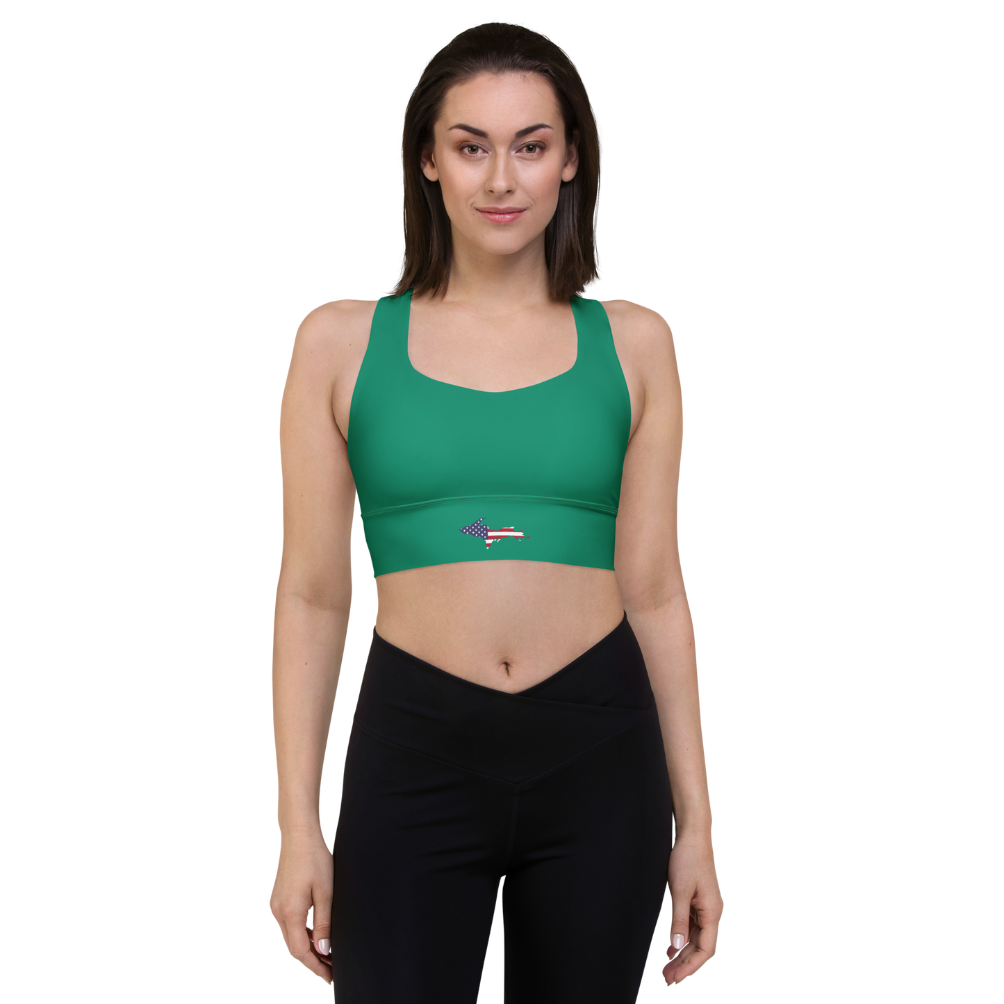 Michigan Upper Peninsula Longline Sports Bra (w/ UP USA Flag) | Emerald Green