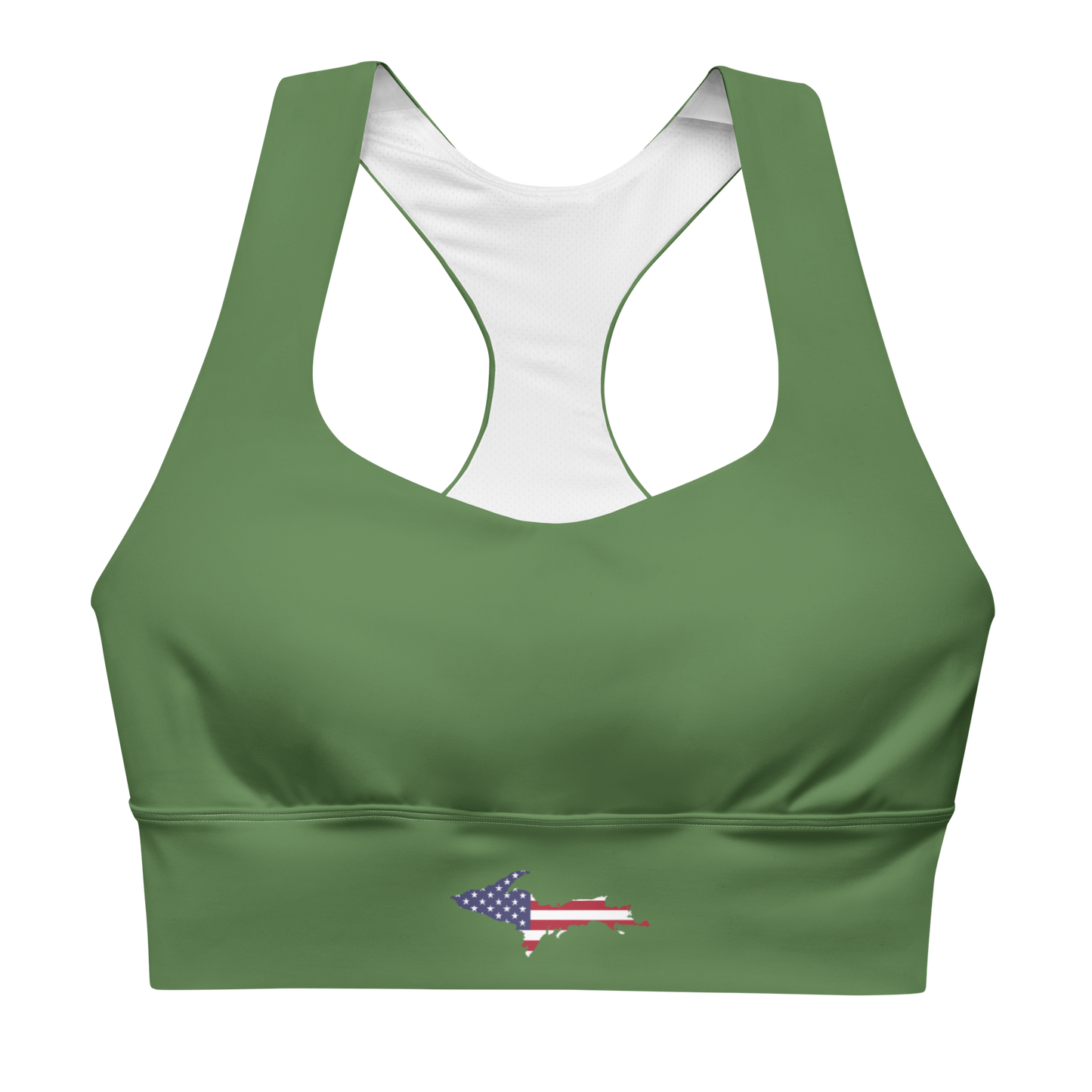 Michigan Upper Peninsula Longline Sports Bra (w/ UP USA Flag) | Pine Green