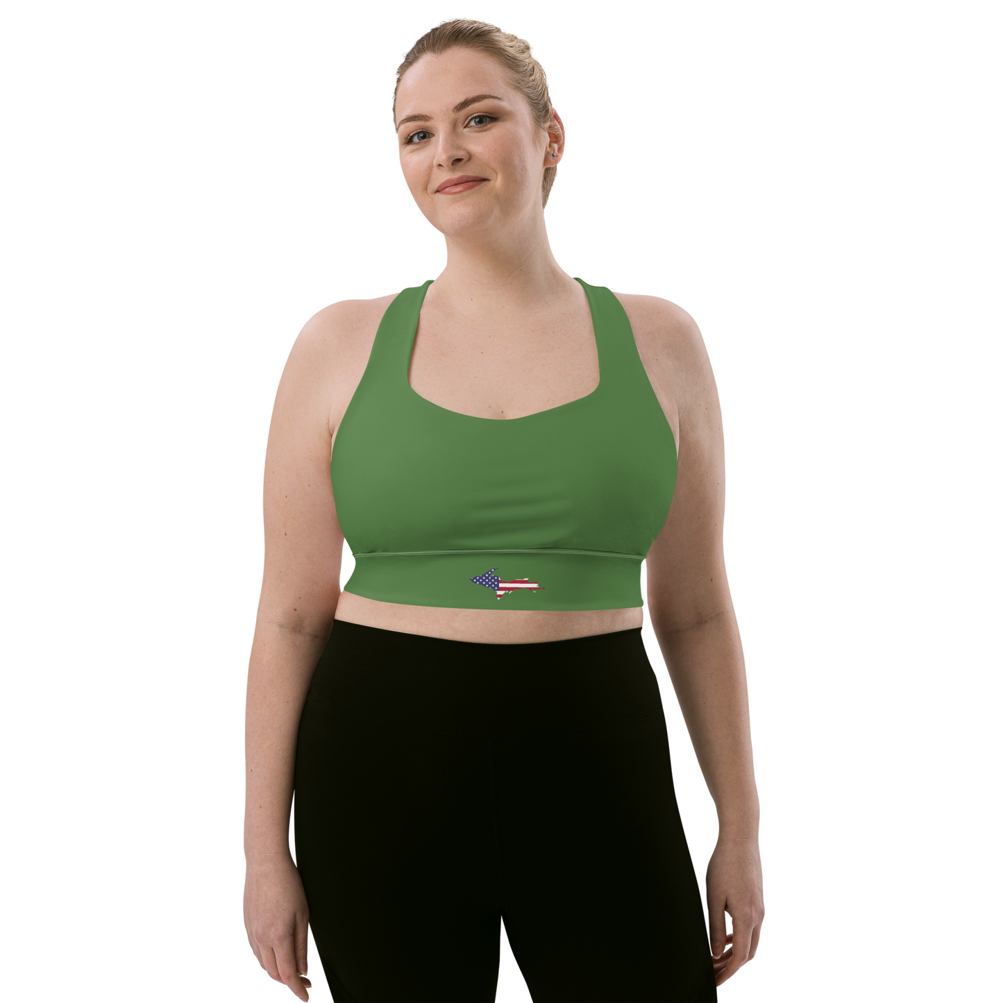 Michigan Upper Peninsula Longline Sports Bra (w/ UP USA Flag) | Pine Green