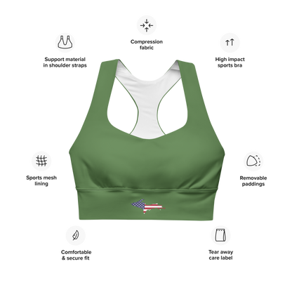 Michigan Upper Peninsula Longline Sports Bra (w/ UP USA Flag) | Pine Green