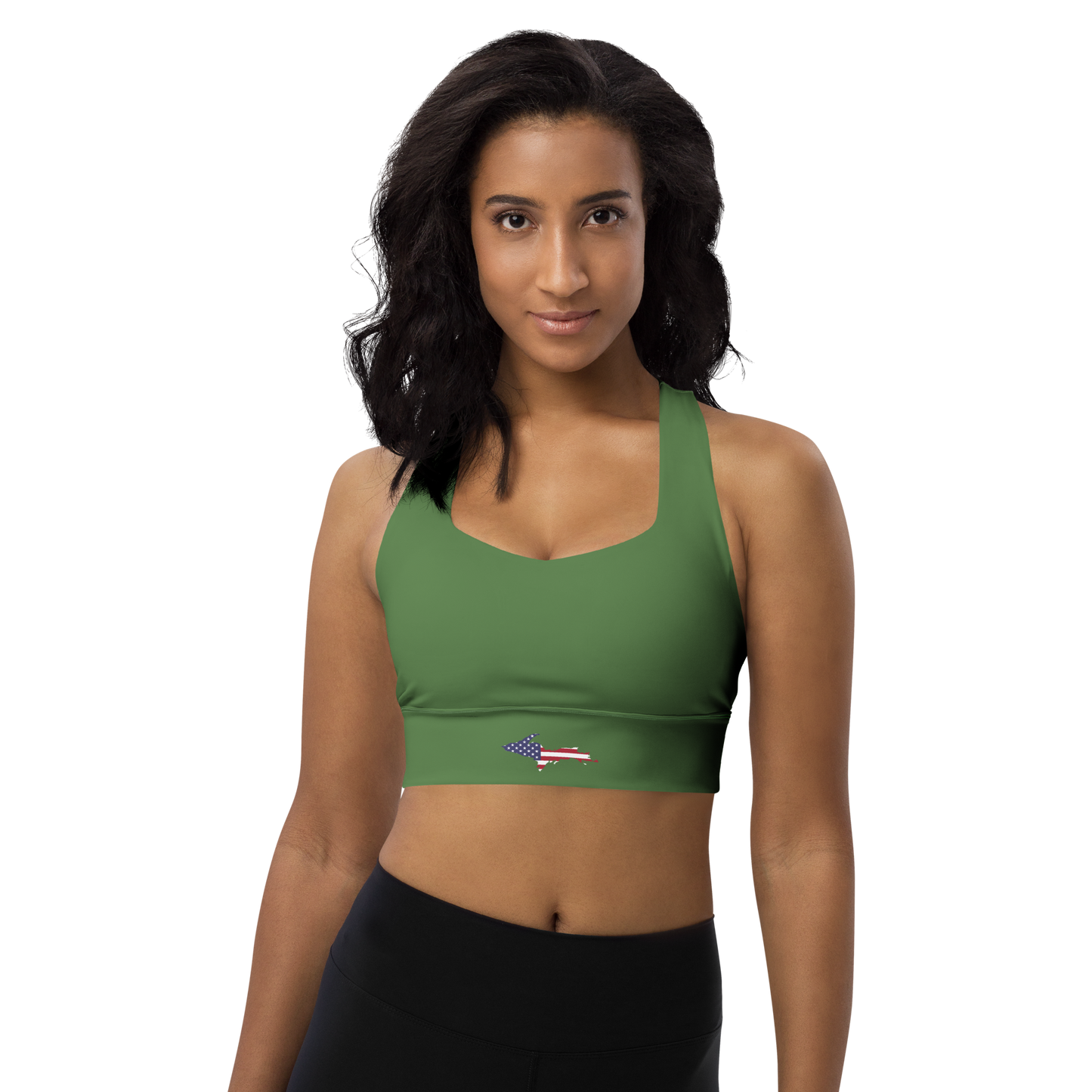 Michigan Upper Peninsula Longline Sports Bra (w/ UP USA Flag) | Pine Green