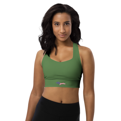 Michigan Upper Peninsula Longline Sports Bra (w/ UP USA Flag) | Pine Green