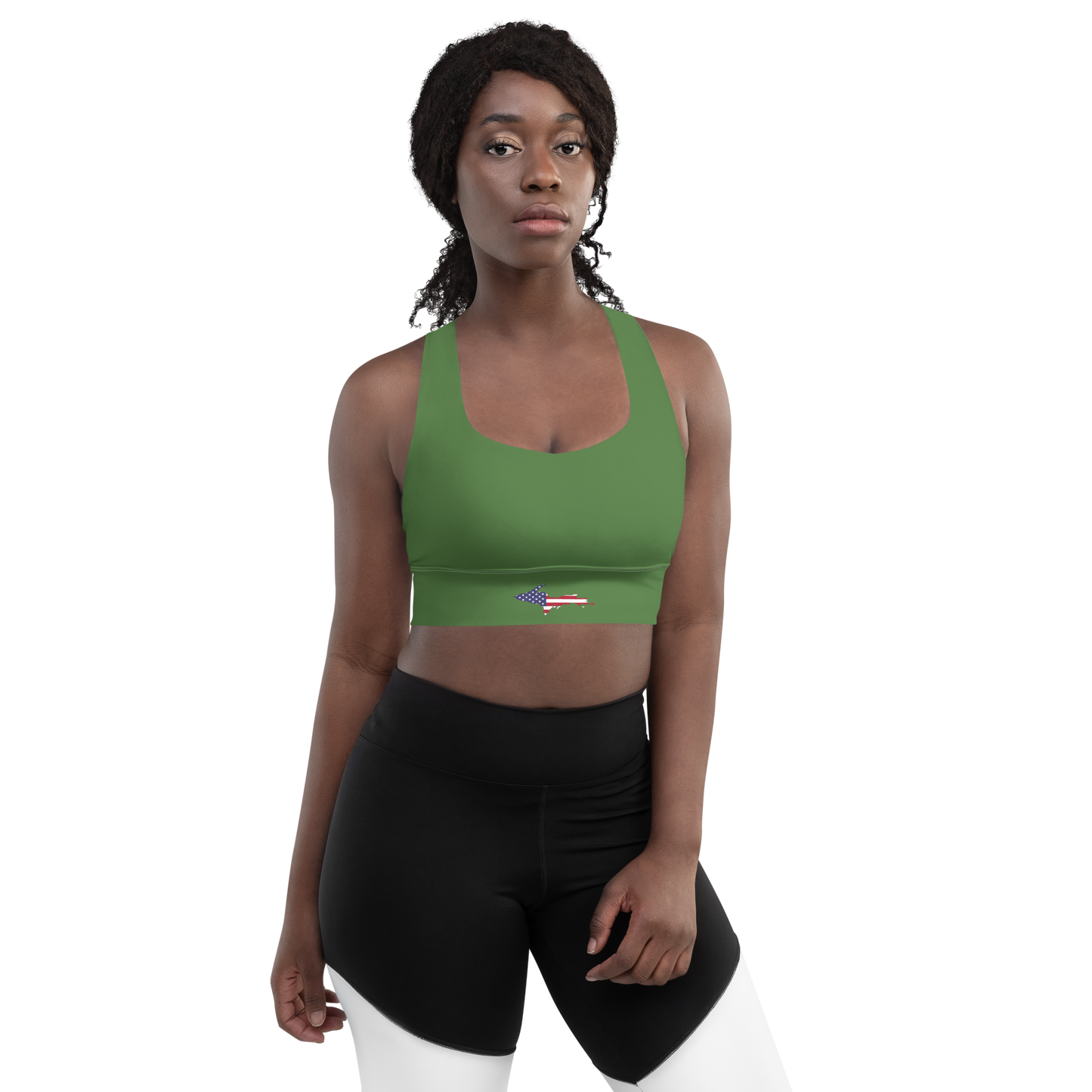 Michigan Upper Peninsula Longline Sports Bra (w/ UP USA Flag) | Pine Green