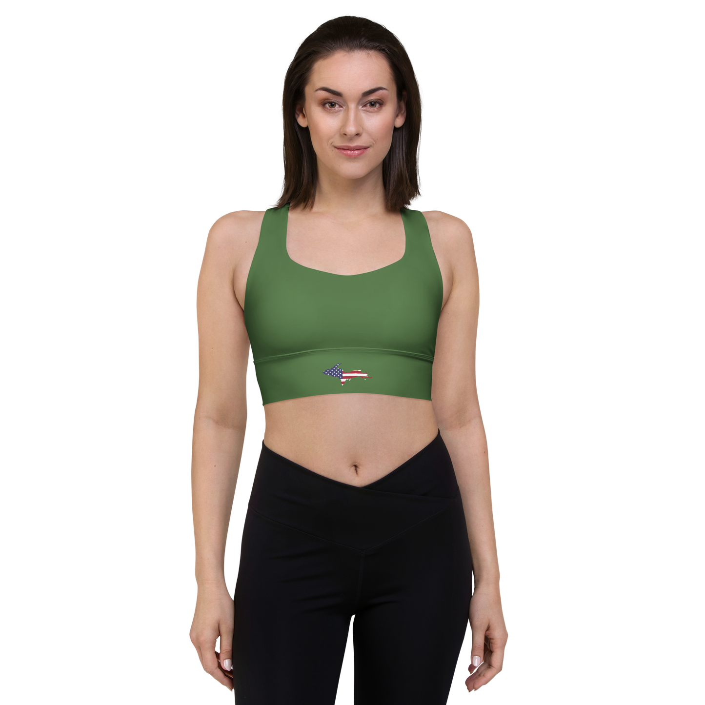 Michigan Upper Peninsula Longline Sports Bra (w/ UP USA Flag) | Pine Green