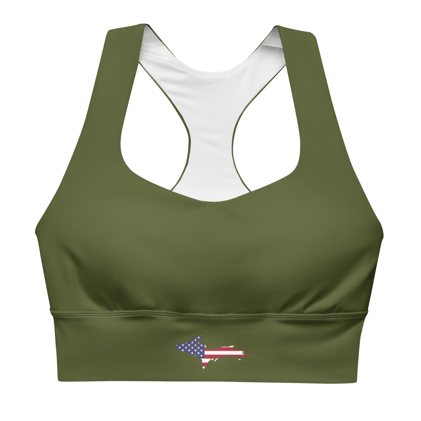 Michigan Upper Peninsula Longline Sports Bra (w/ UP USA Flag) | Army Green