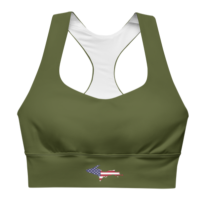 Michigan Upper Peninsula Longline Sports Bra (w/ UP USA Flag) | Army Green