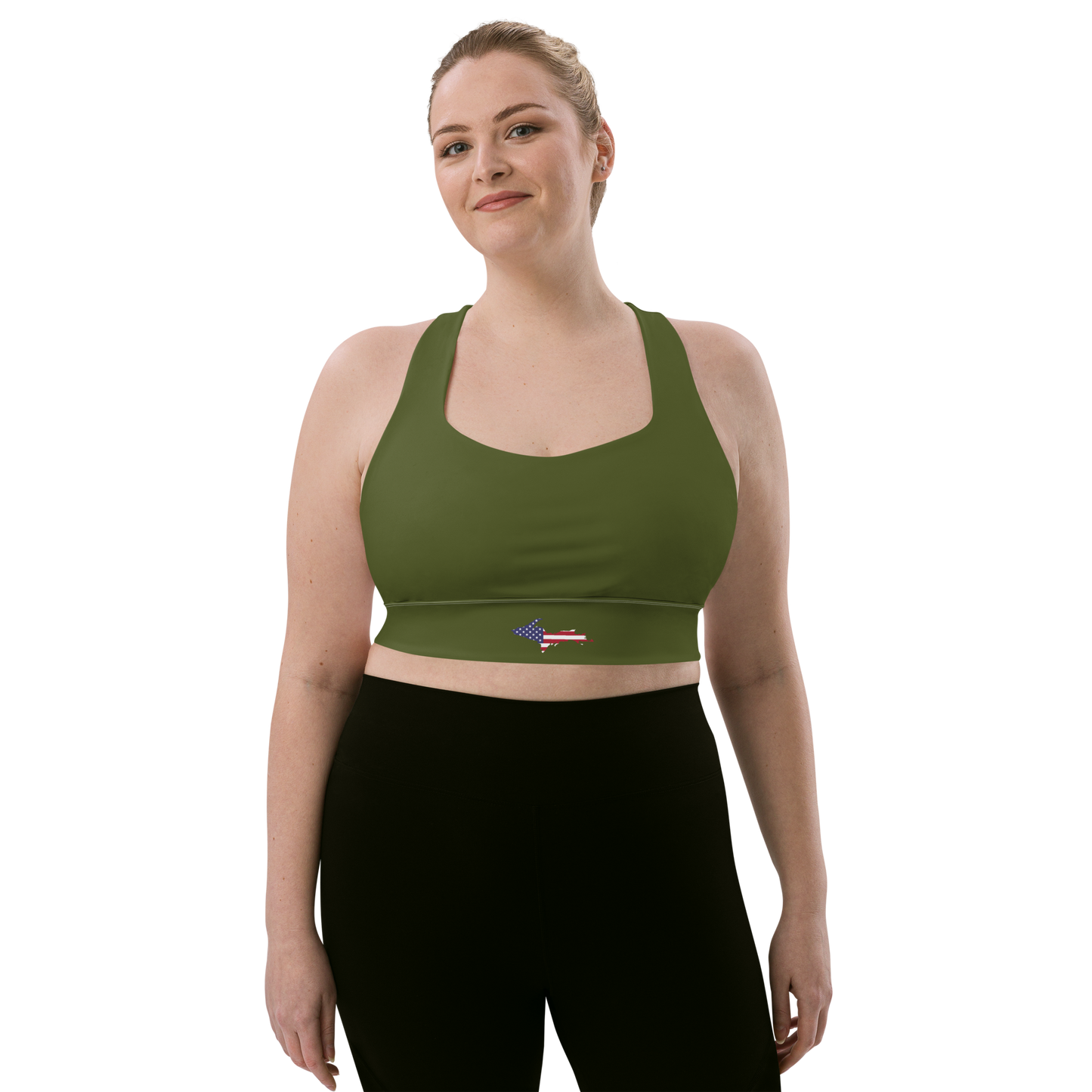 Michigan Upper Peninsula Longline Sports Bra (w/ UP USA Flag) | Army Green