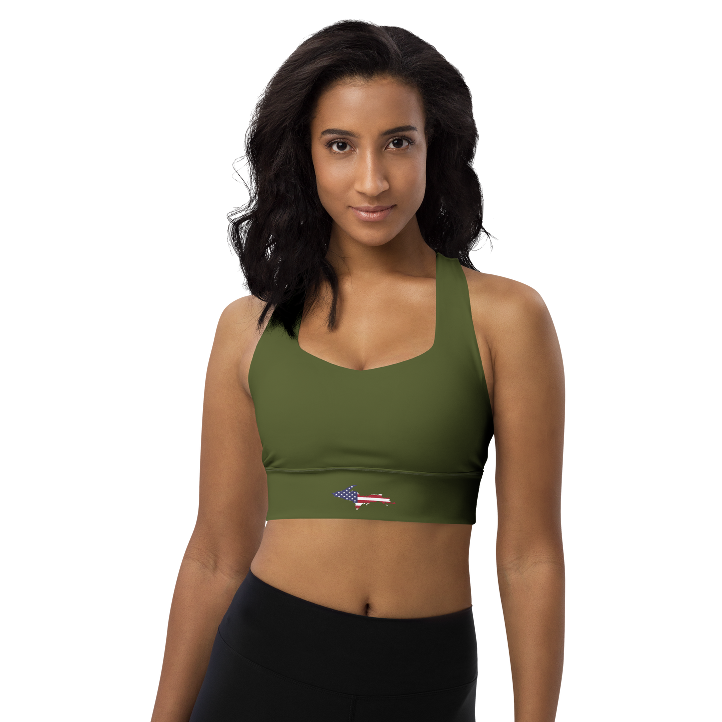 Michigan Upper Peninsula Longline Sports Bra (w/ UP USA Flag) | Army Green