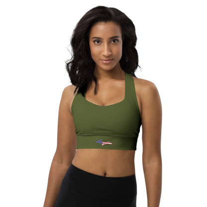 Michigan Upper Peninsula Longline Sports Bra (w/ UP USA Flag) | Army Green