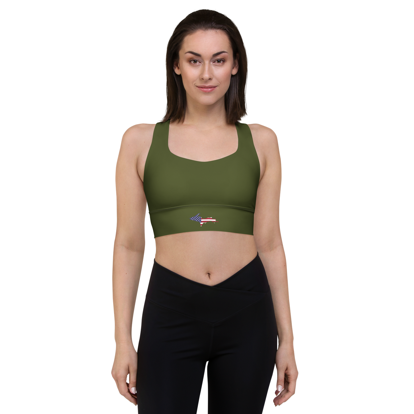 Michigan Upper Peninsula Longline Sports Bra (w/ UP USA Flag) | Army Green