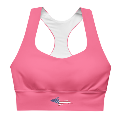 Michigan Upper Peninsula Longline Sports Bra (w/ UP USA Flag) | Rhodochrosite Pink