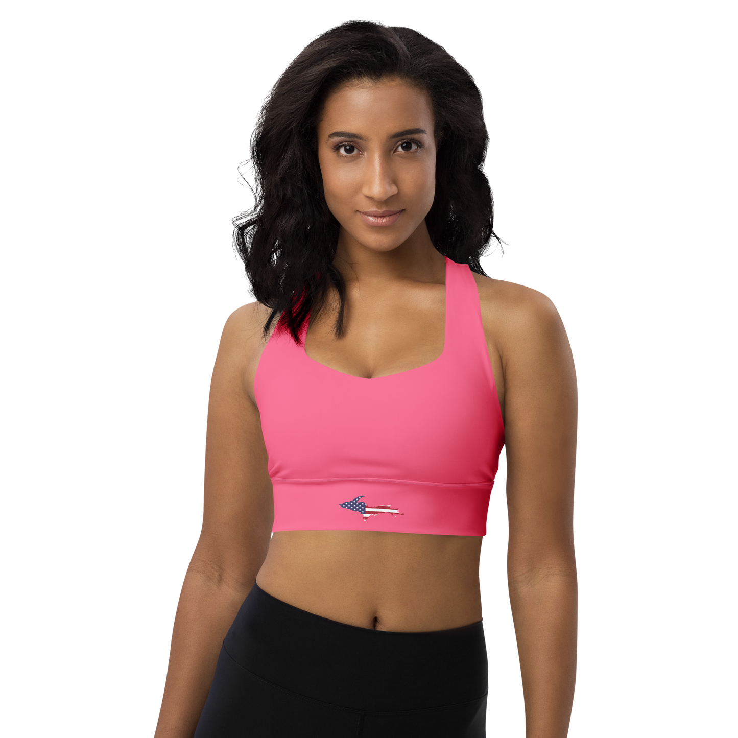 Michigan Upper Peninsula Longline Sports Bra (w/ UP USA Flag) | Rhodochrosite Pink