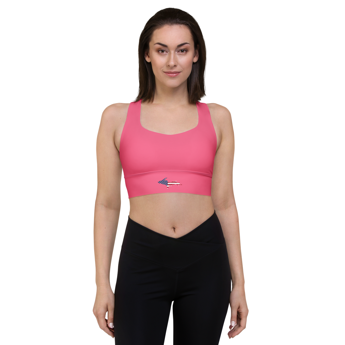 Michigan Upper Peninsula Longline Sports Bra (w/ UP USA Flag) | Rhodochrosite Pink