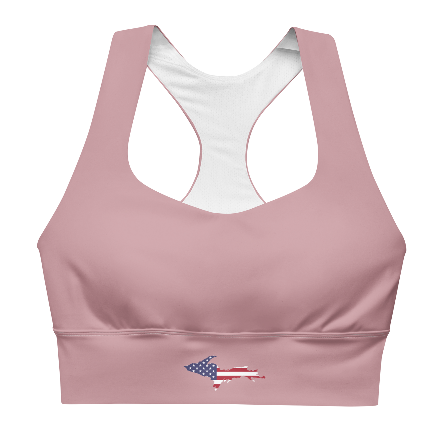 Michigan Upper Peninsula Longline Sports Bra (w/ UP USA Flag) | Cherry Blossom Pink