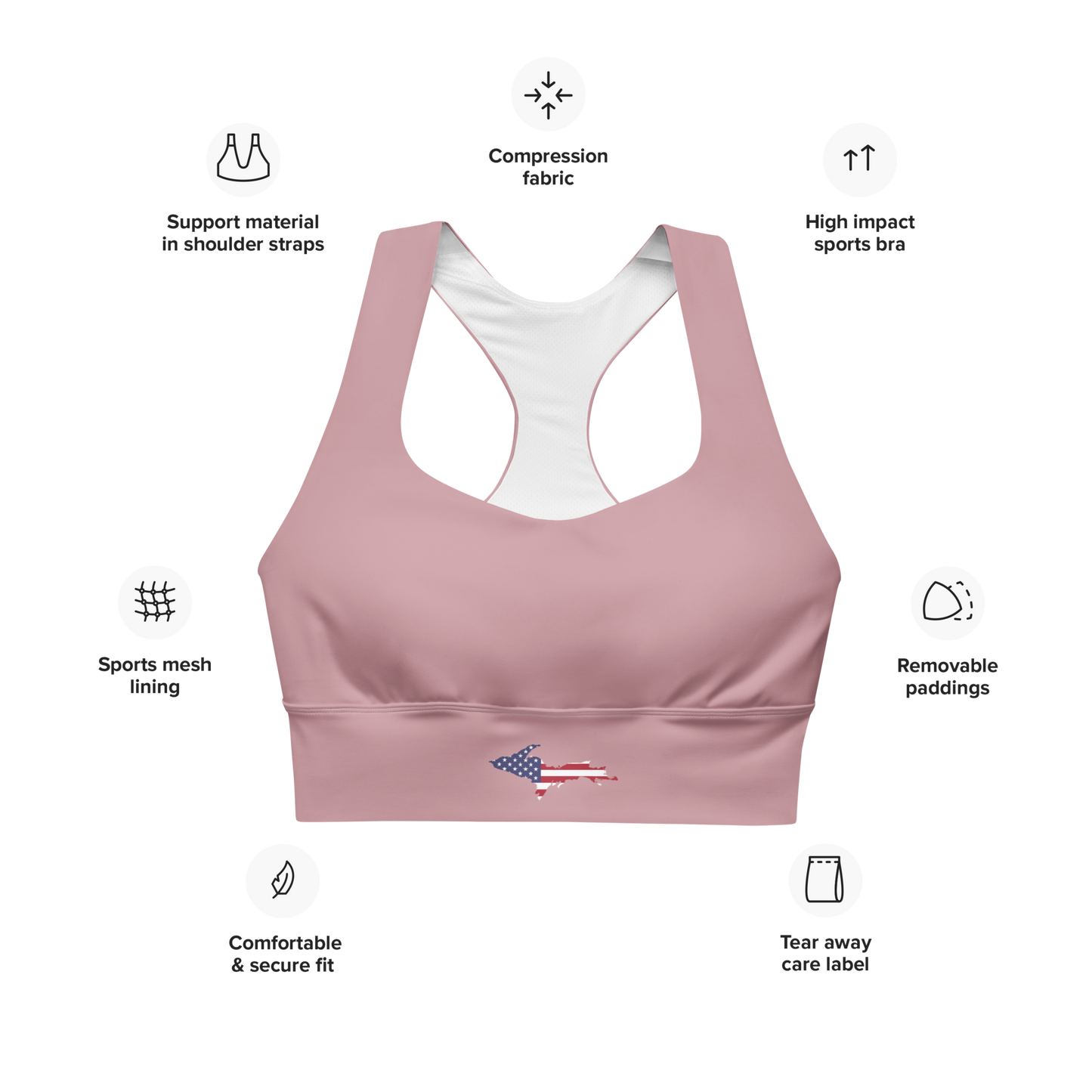 Michigan Upper Peninsula Longline Sports Bra (w/ UP USA Flag) | Cherry Blossom Pink