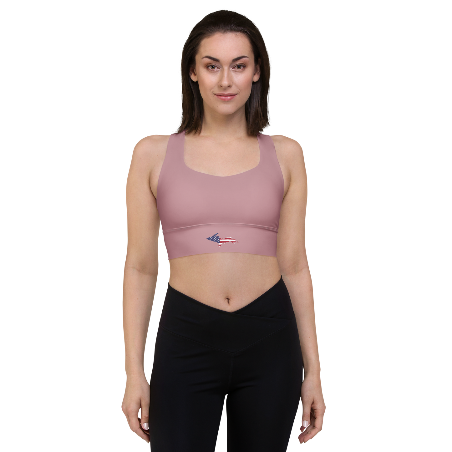 Michigan Upper Peninsula Longline Sports Bra (w/ UP USA Flag) | Cherry Blossom Pink