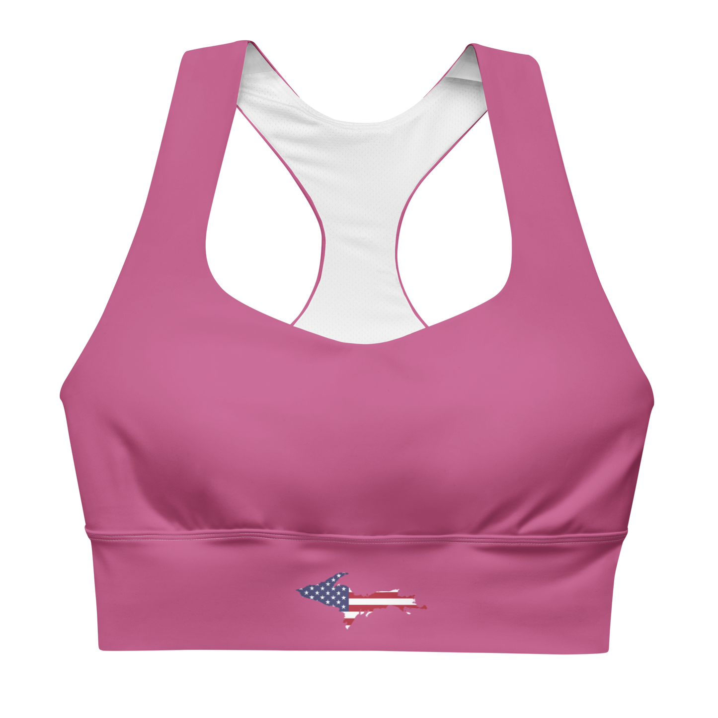 Michigan Upper Peninsula Longline Sports Bra (w/ UP USA Flag) | Apple Blossom Pink