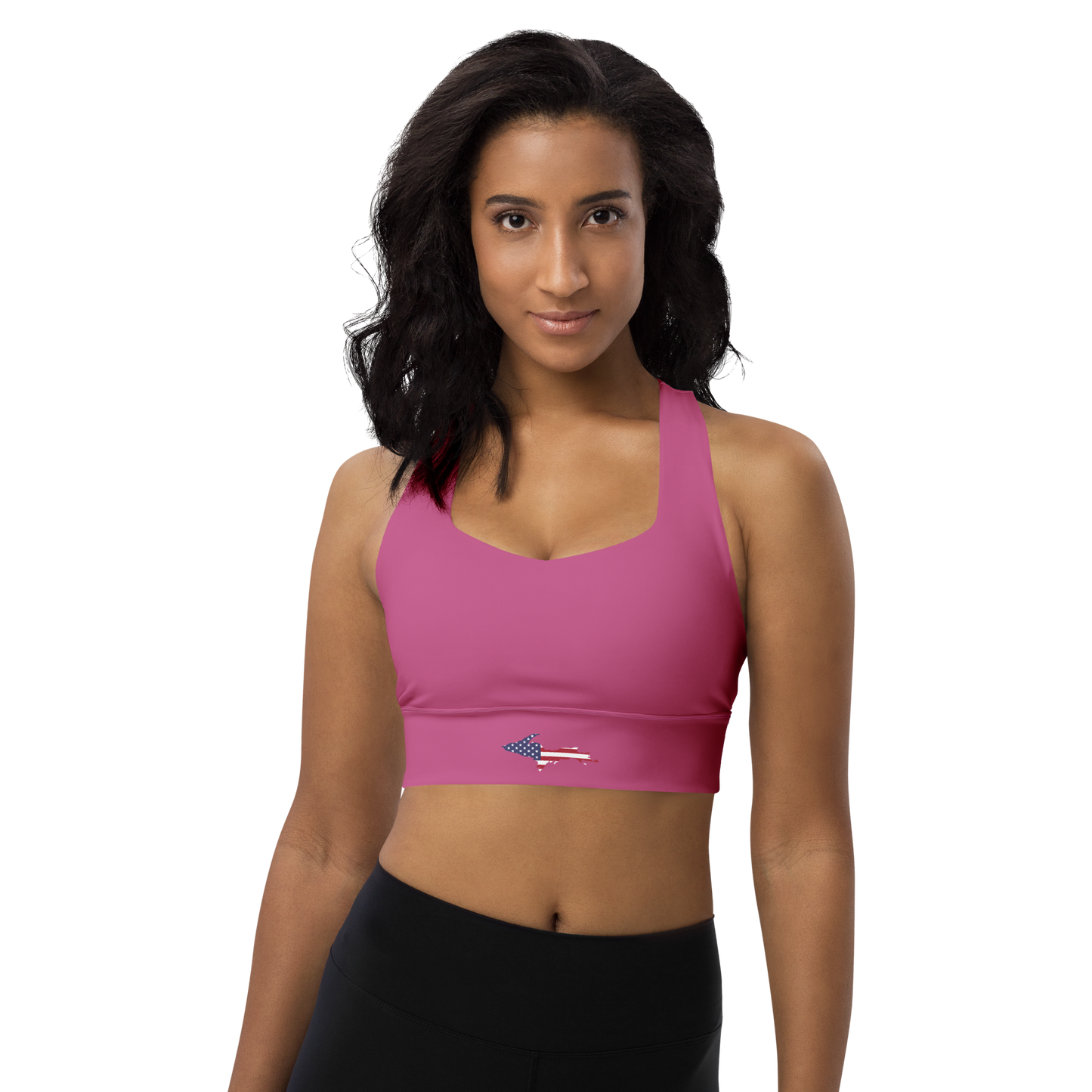 Michigan Upper Peninsula Longline Sports Bra (w/ UP USA Flag) | Apple Blossom Pink