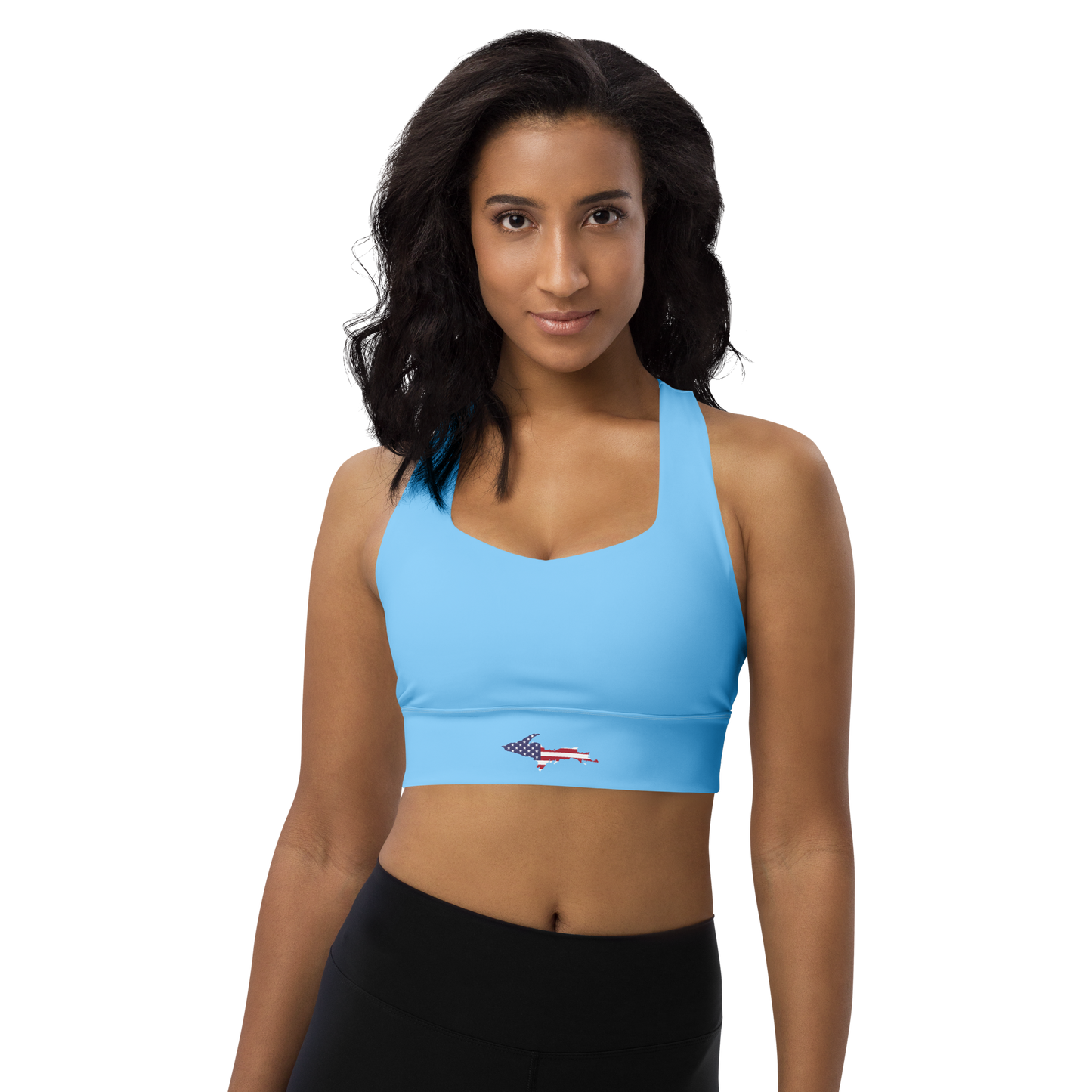 Michigan Upper Peninsula Longline Sports Bra (w/ UP USA Flag) | DTW Blue