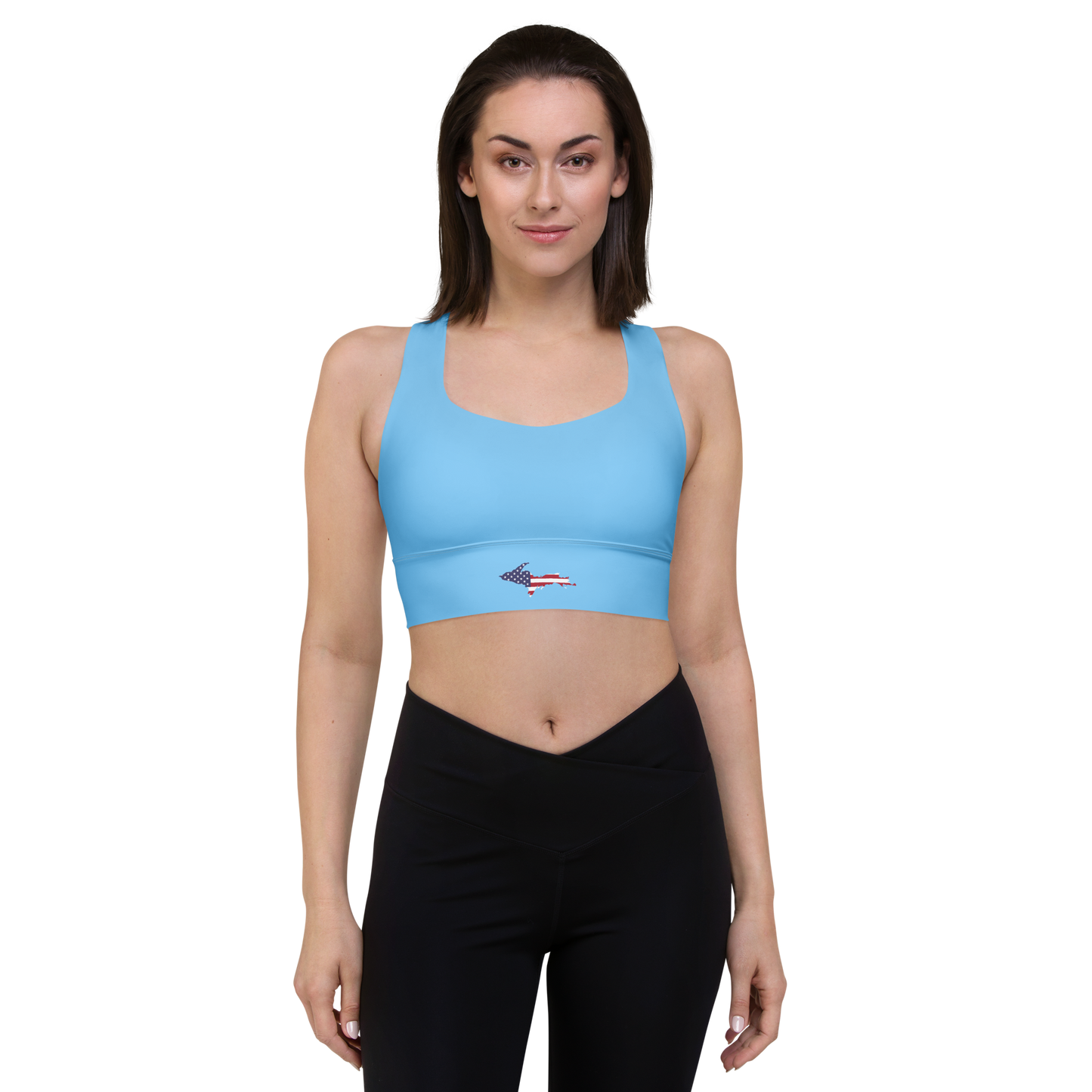 Michigan Upper Peninsula Longline Sports Bra (w/ UP USA Flag) | DTW Blue