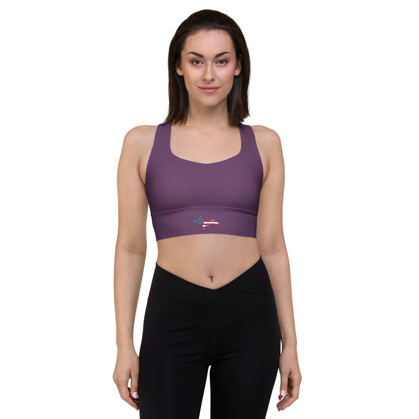 Michigan Upper Peninsula Longline Sports Bra (w/ UP USA Flag) | Plum