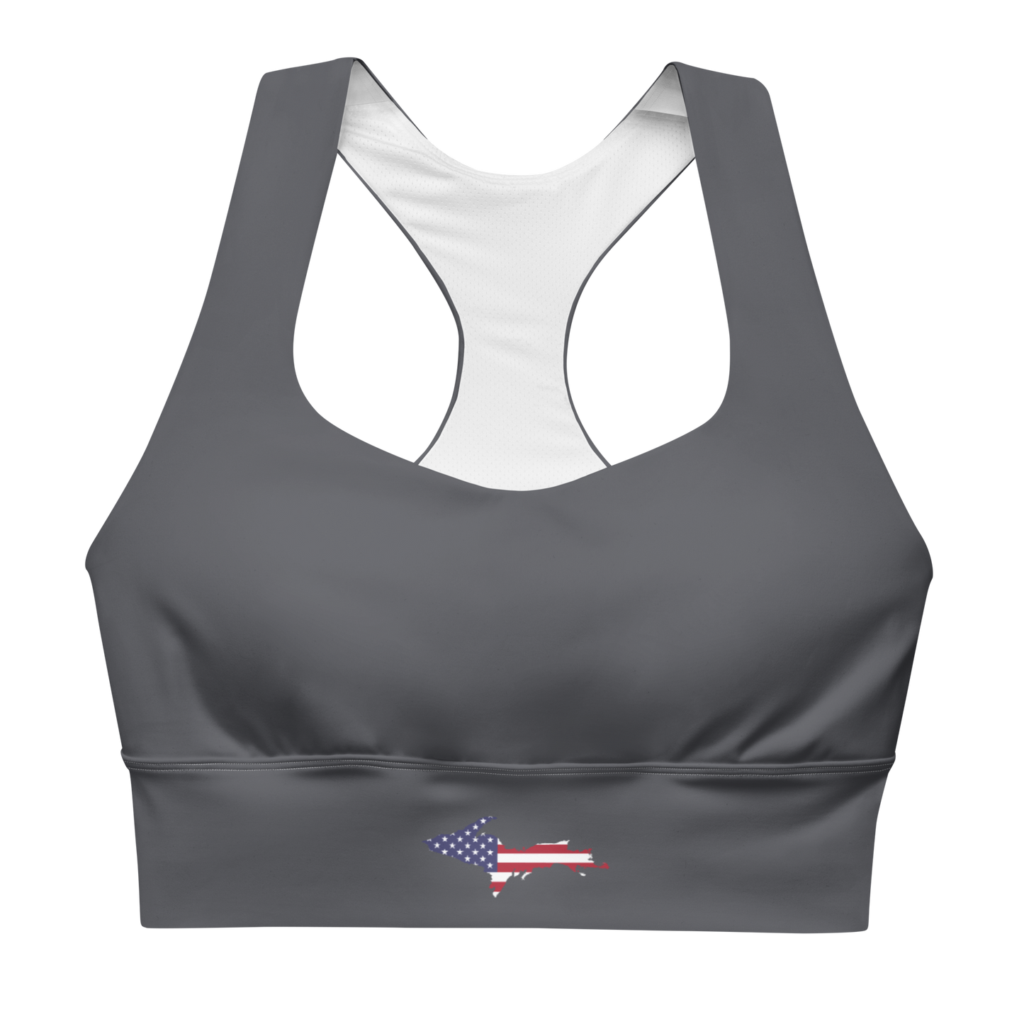 Michigan Upper Peninsula Longline Sports Bra (w/ UP USA Flag) | Iron Ore Grey