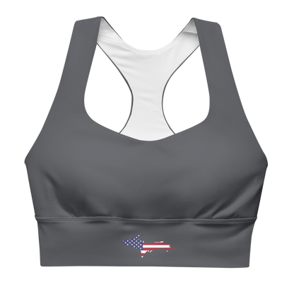 Michigan Upper Peninsula Longline Sports Bra (w/ UP USA Flag) | Iron Ore Grey