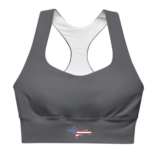 Michigan Upper Peninsula Longline Sports Bra (w/ UP USA Flag) | Iron Ore Grey