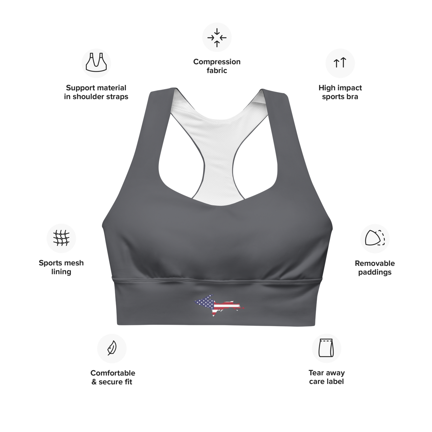 Michigan Upper Peninsula Longline Sports Bra (w/ UP USA Flag) | Iron Ore Grey