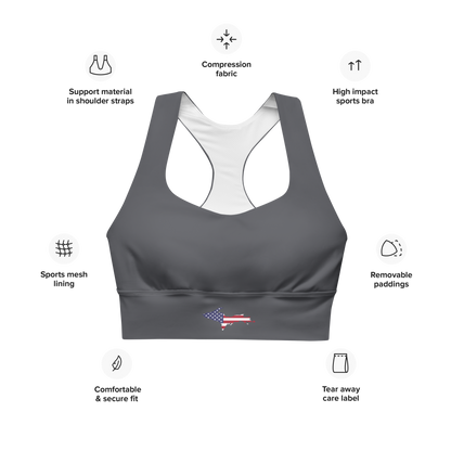 Michigan Upper Peninsula Longline Sports Bra (w/ UP USA Flag) | Iron Ore Grey