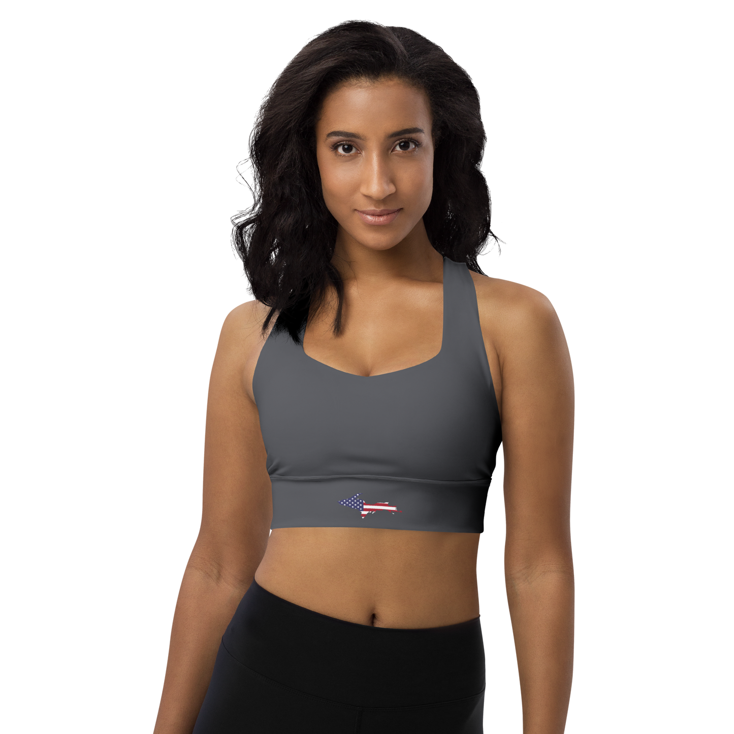 Michigan Upper Peninsula Longline Sports Bra (w/ UP USA Flag) | Iron Ore Grey