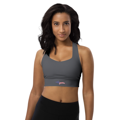 Michigan Upper Peninsula Longline Sports Bra (w/ UP USA Flag) | Iron Ore Grey