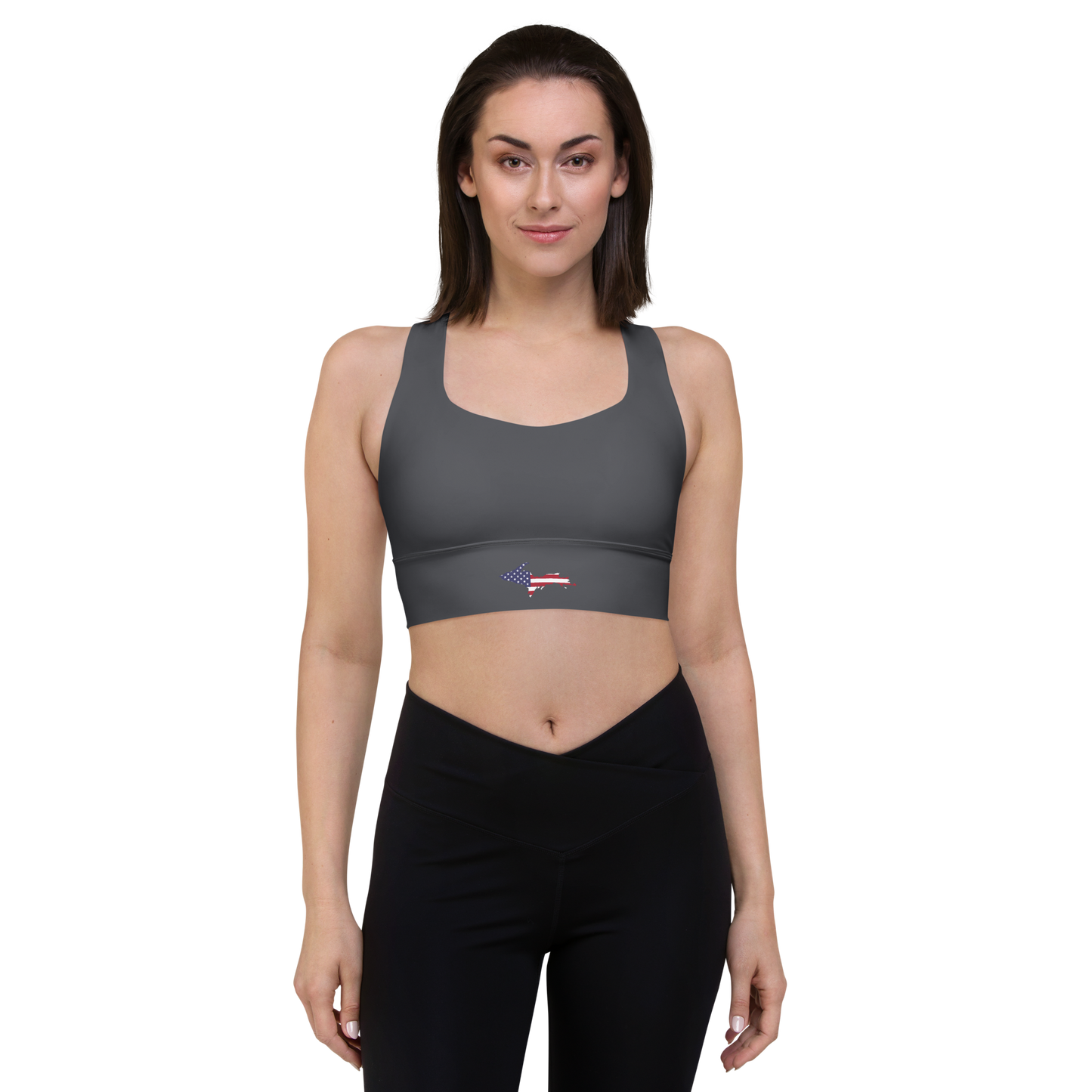 Michigan Upper Peninsula Longline Sports Bra (w/ UP USA Flag) | Iron Ore Grey