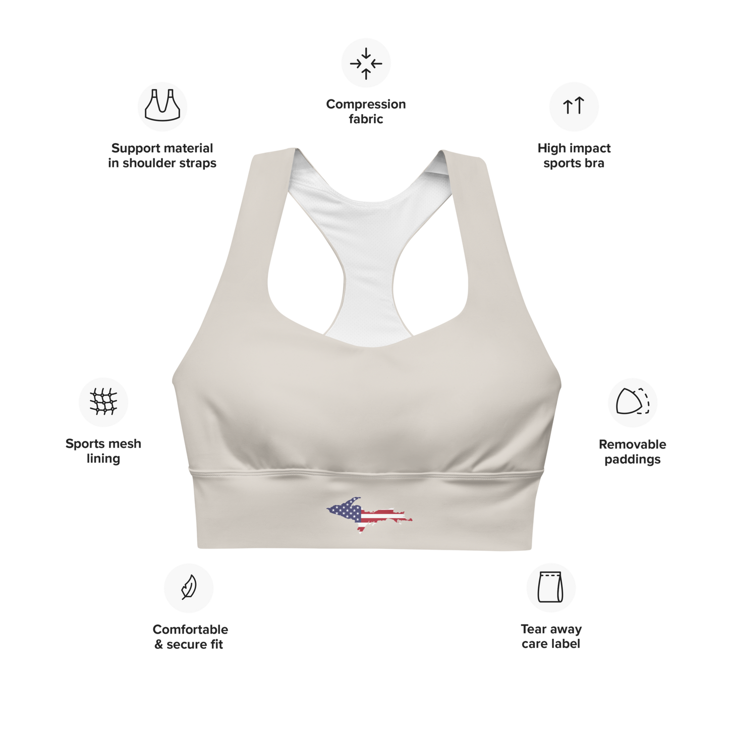 Michigan Upper Peninsula Longline Sports Bra (w/ UP USA Flag) | Canvas Color