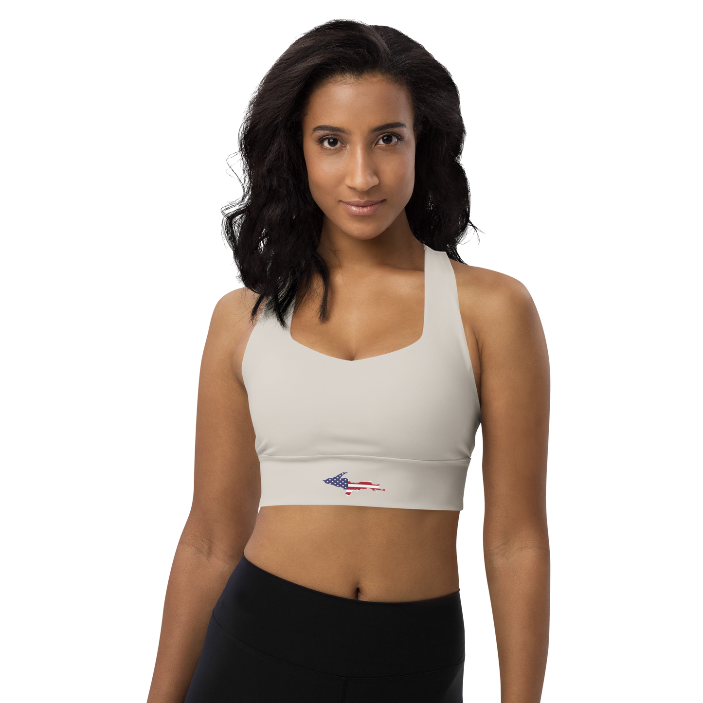 Michigan Upper Peninsula Longline Sports Bra (w/ UP USA Flag) | Canvas Color