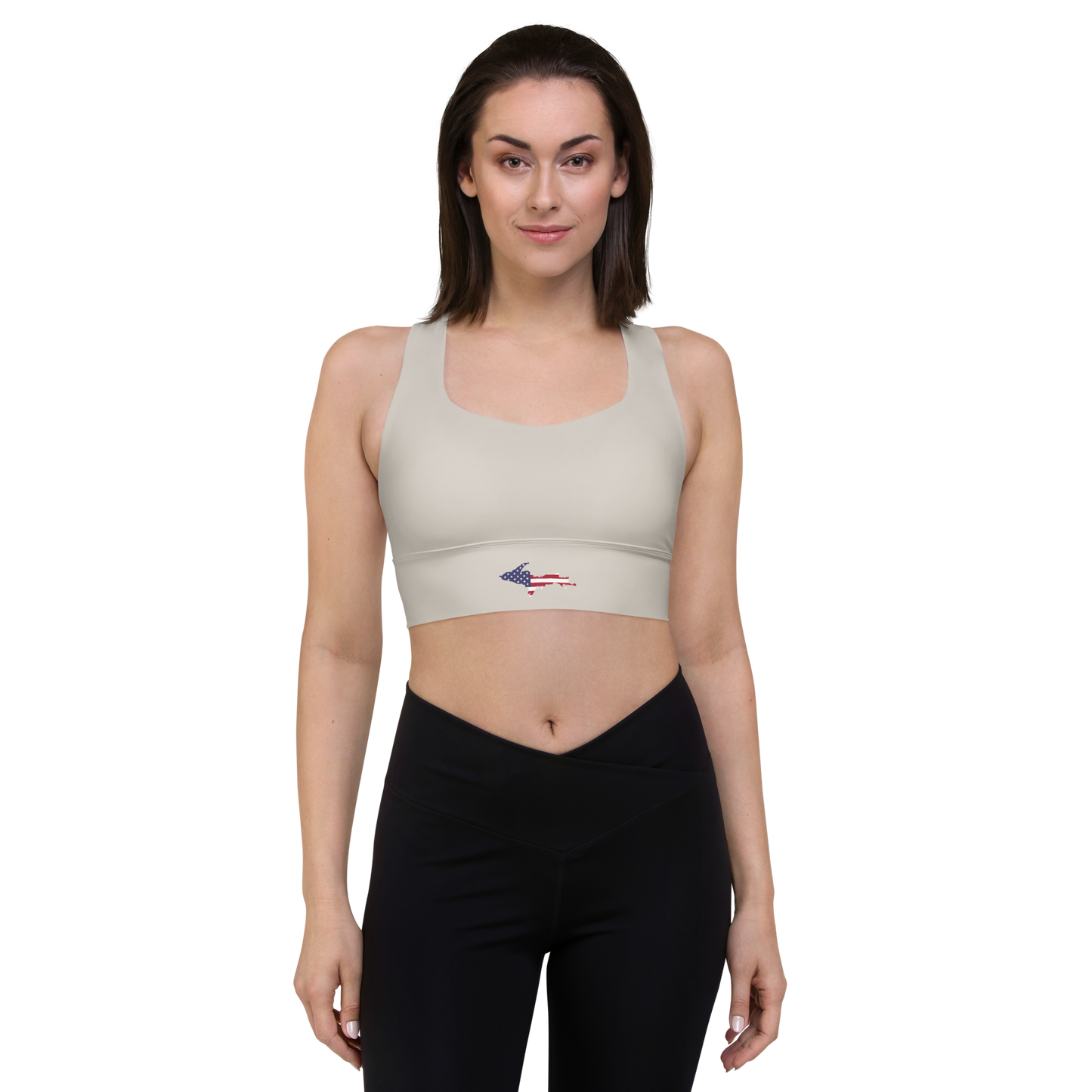 Michigan Upper Peninsula Longline Sports Bra (w/ UP USA Flag) | Canvas Color