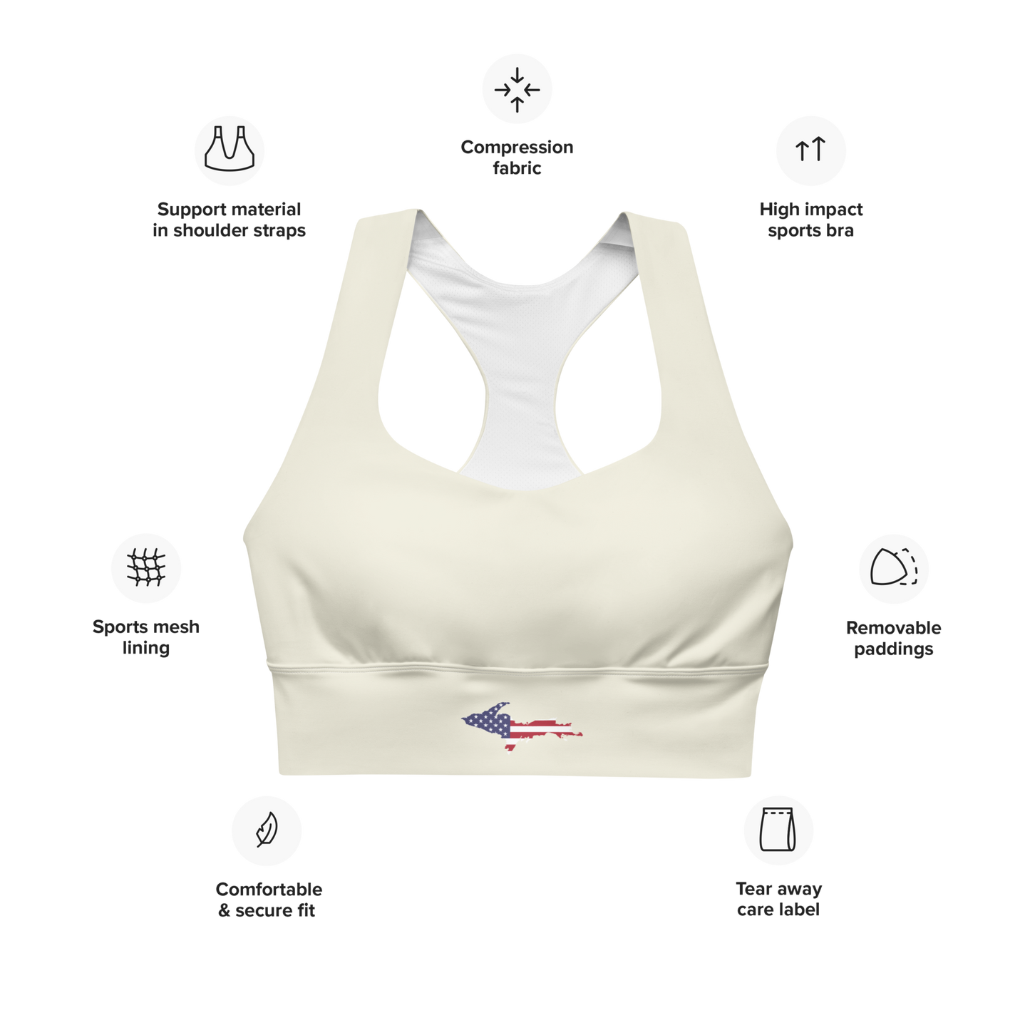 Michigan Upper Peninsula Longline Sports Bra (w/ UP USA Flag) | Ivory Color