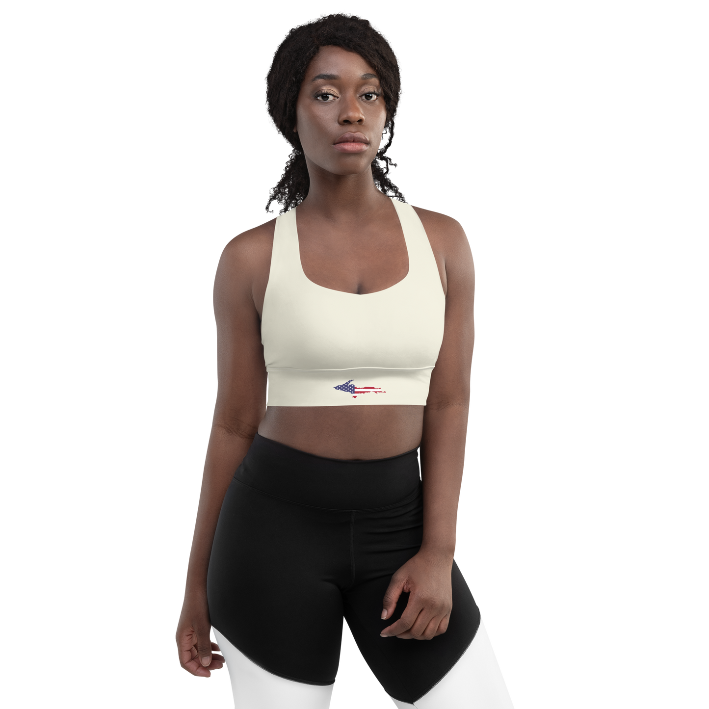 Michigan Upper Peninsula Longline Sports Bra (w/ UP USA Flag) | Ivory Color