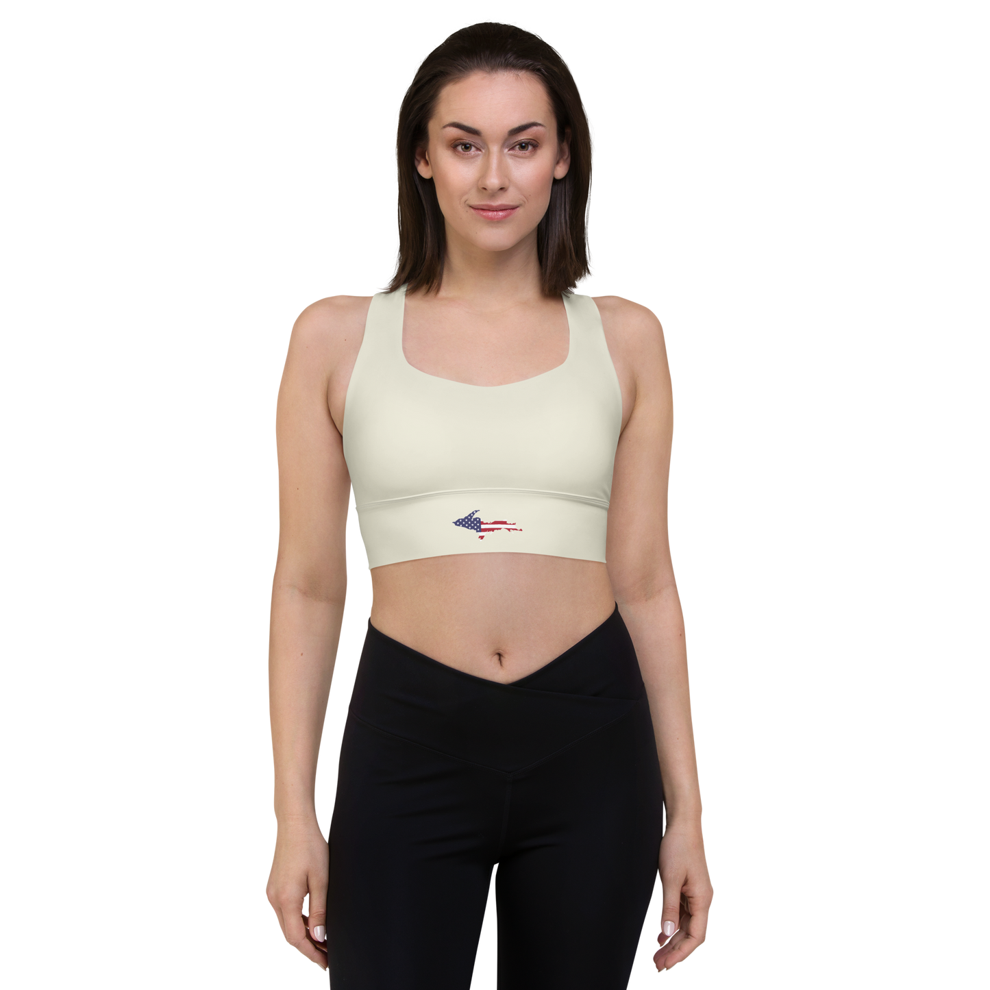 Michigan Upper Peninsula Longline Sports Bra (w/ UP USA Flag) | Ivory Color