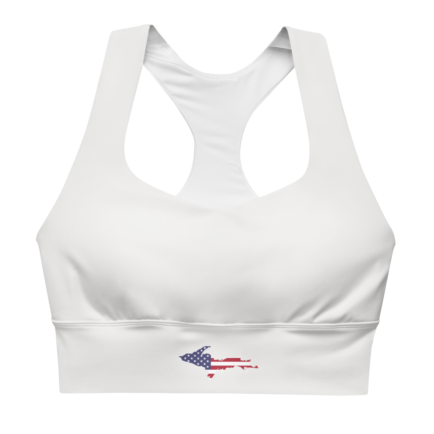 Michigan Upper Peninsula Longline Sports Bra (w/ UP USA Flag) | Birch Bark White