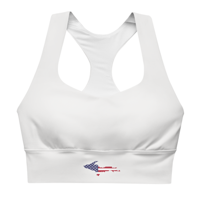 Michigan Upper Peninsula Longline Sports Bra (w/ UP USA Flag) | Birch Bark White