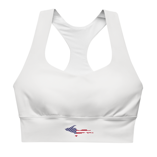 Michigan Upper Peninsula Longline Sports Bra (w/ UP USA Flag) | Birch Bark White