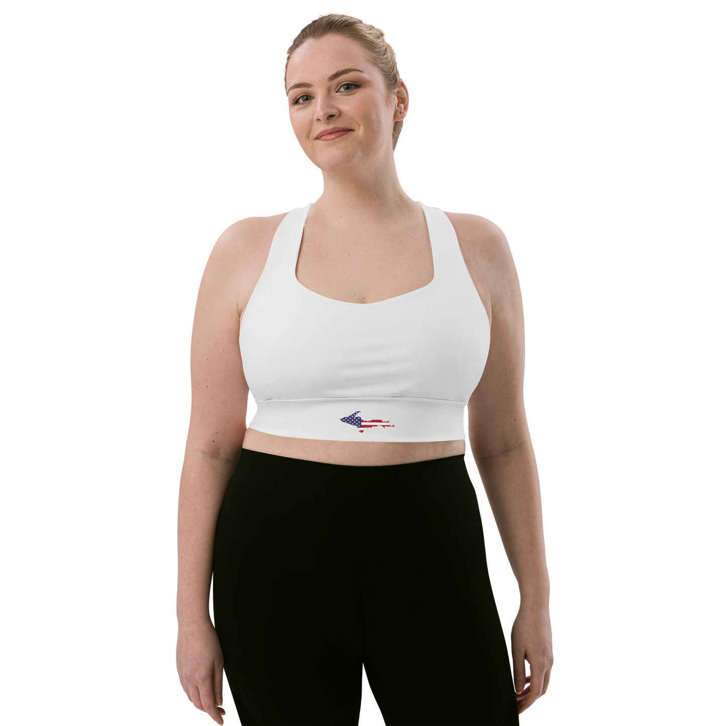 Michigan Upper Peninsula Longline Sports Bra (w/ UP USA Flag) | Birch Bark White