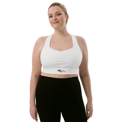 Michigan Upper Peninsula Longline Sports Bra (w/ UP USA Flag) | Birch Bark White