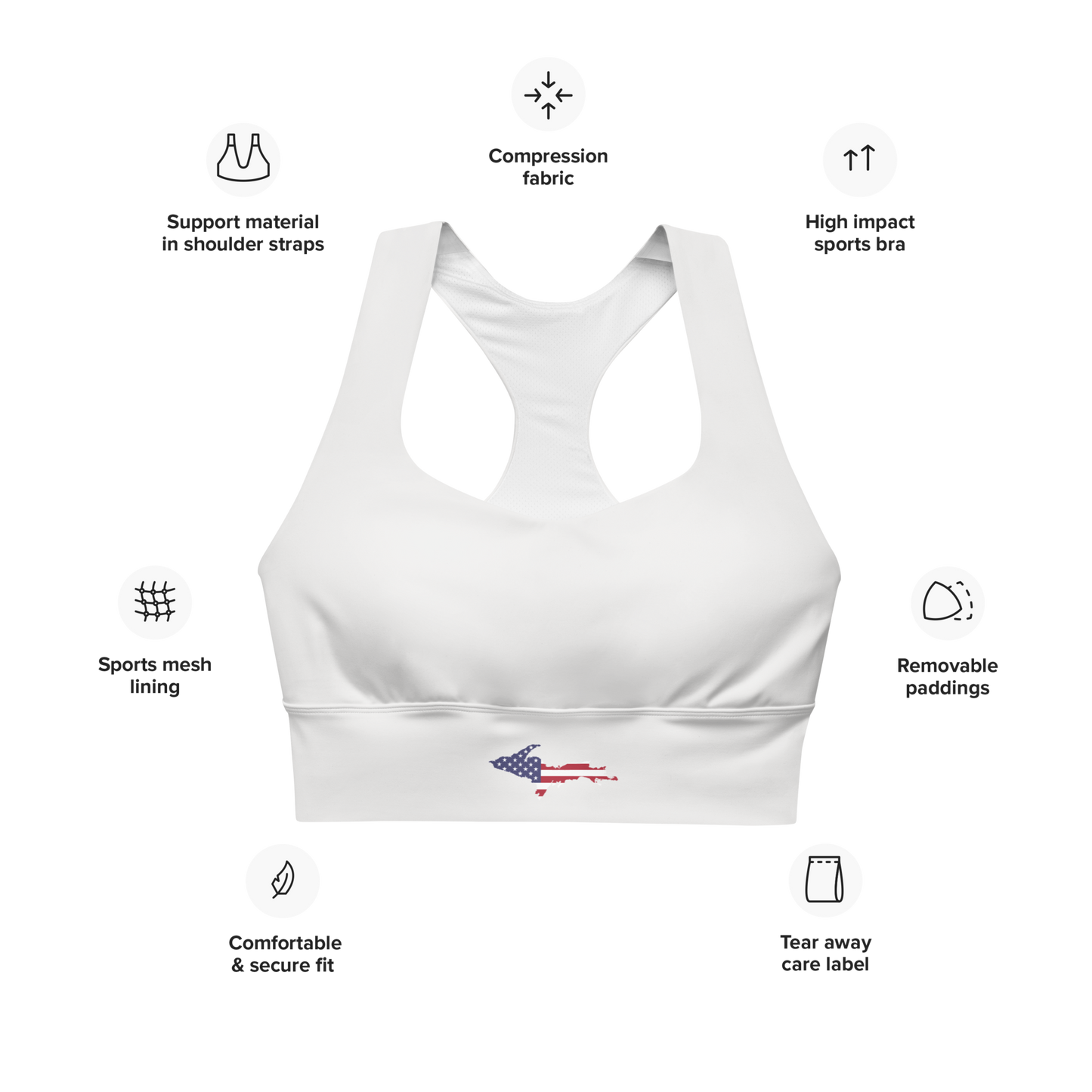 Michigan Upper Peninsula Longline Sports Bra (w/ UP USA Flag) | Birch Bark White