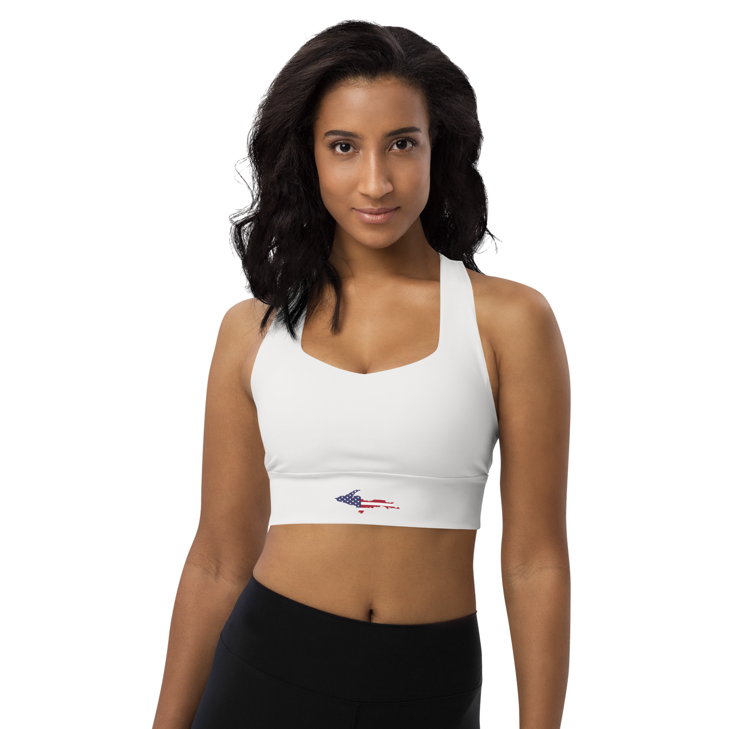 Michigan Upper Peninsula Longline Sports Bra (w/ UP USA Flag) | Birch Bark White