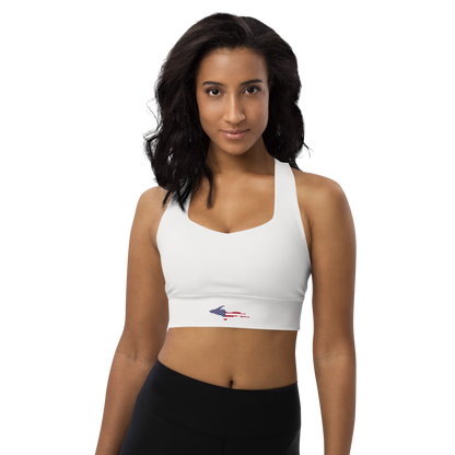 Michigan Upper Peninsula Longline Sports Bra (w/ UP USA Flag) | Birch Bark White