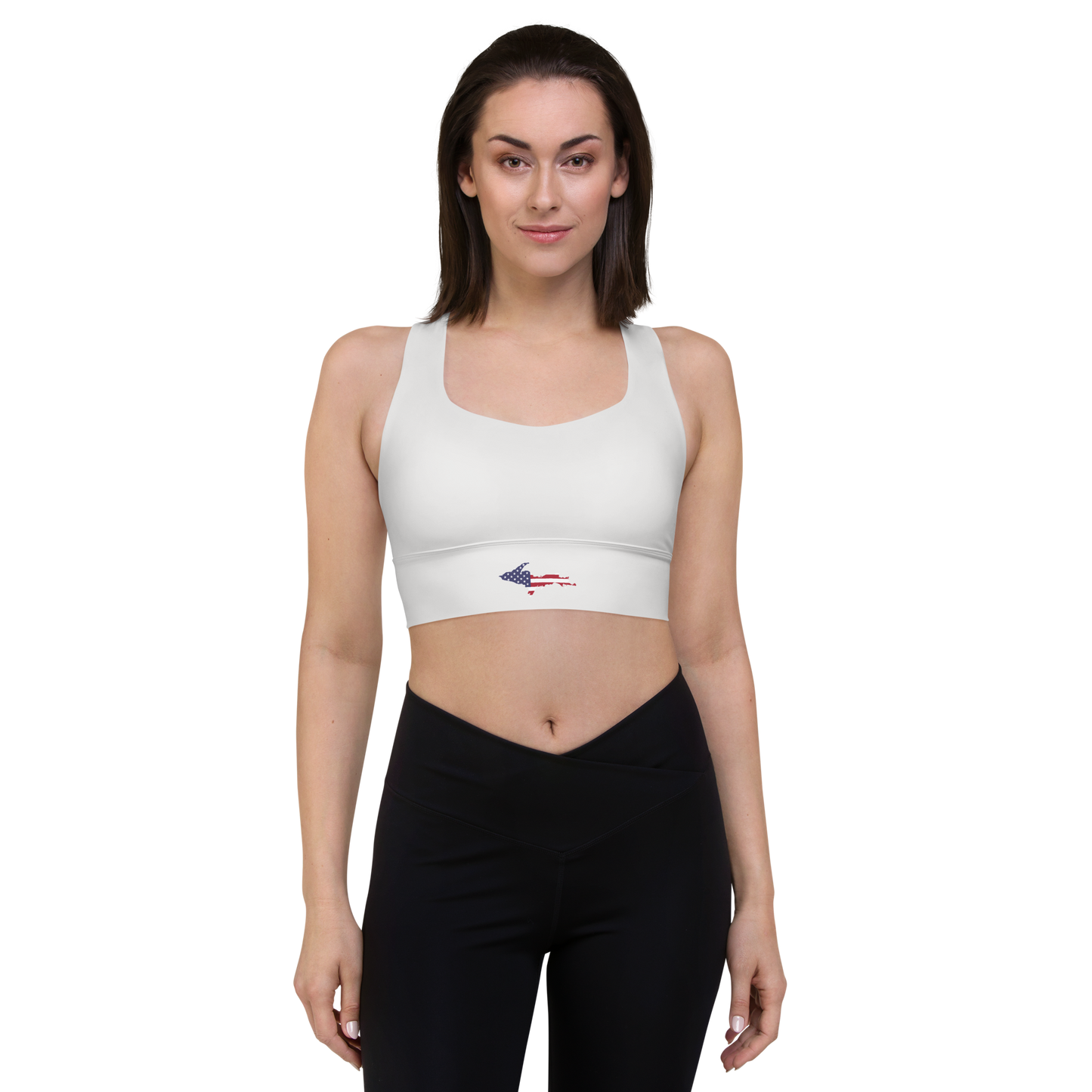 Michigan Upper Peninsula Longline Sports Bra (w/ UP USA Flag) | Birch Bark White