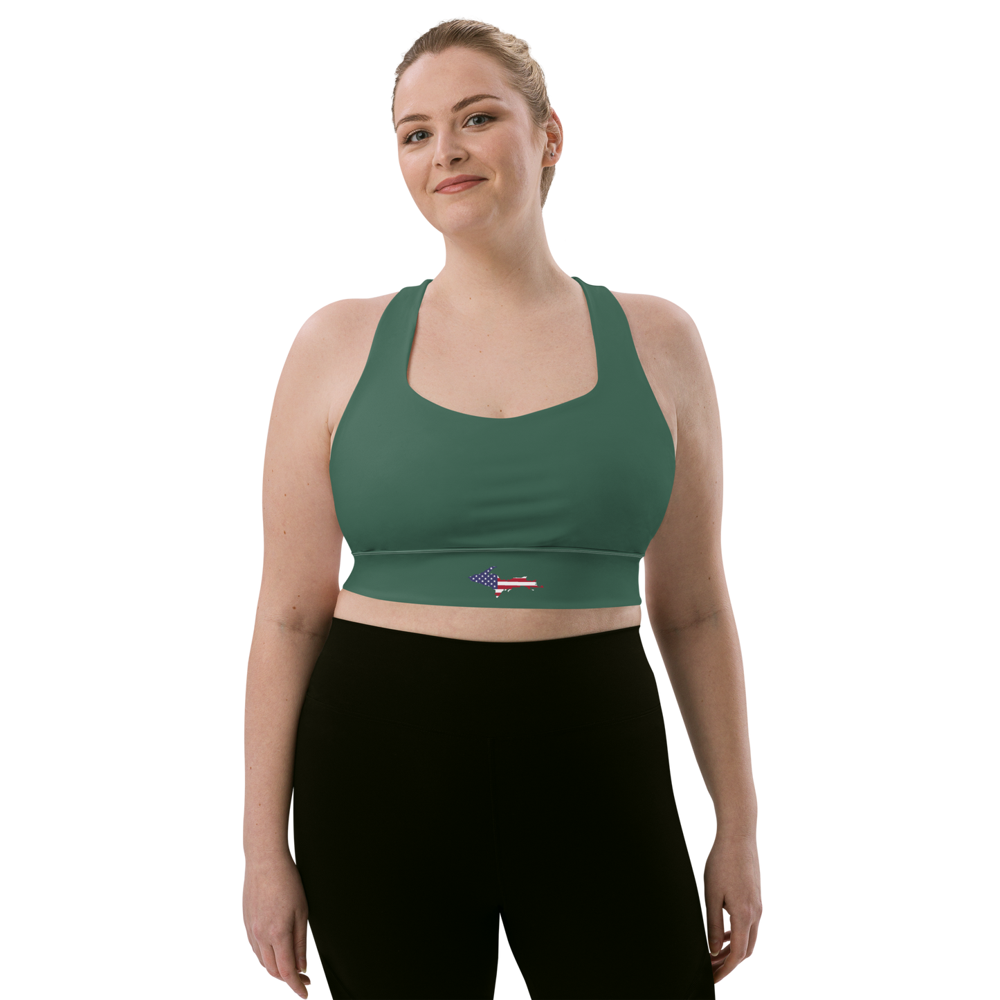 Michigan Upper Peninsula Longline Sports Bra (w/ UP USA Flag) | Ginger Ale Green