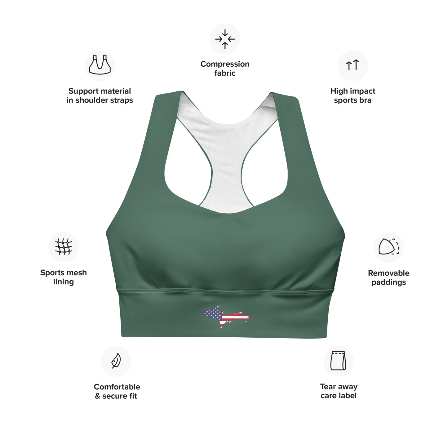 Michigan Upper Peninsula Longline Sports Bra (w/ UP USA Flag) | Ginger Ale Green